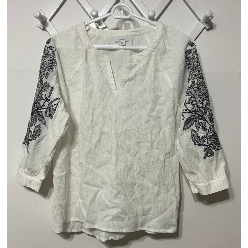 J Jill XS Petite Embroidered Sleeve Cotton Blouse Boho Cottagecore Lagenlook Top